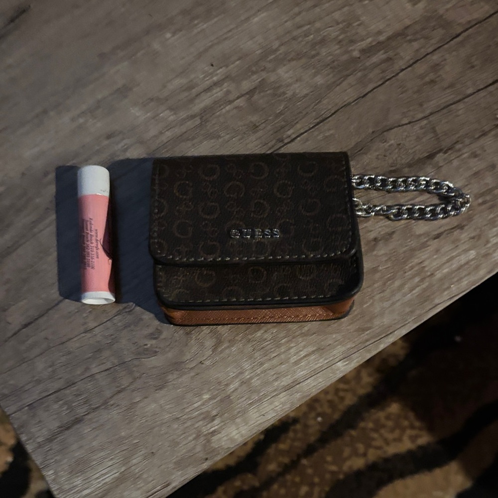 Guess Dark Brown Monogram Bag with Silver Chain